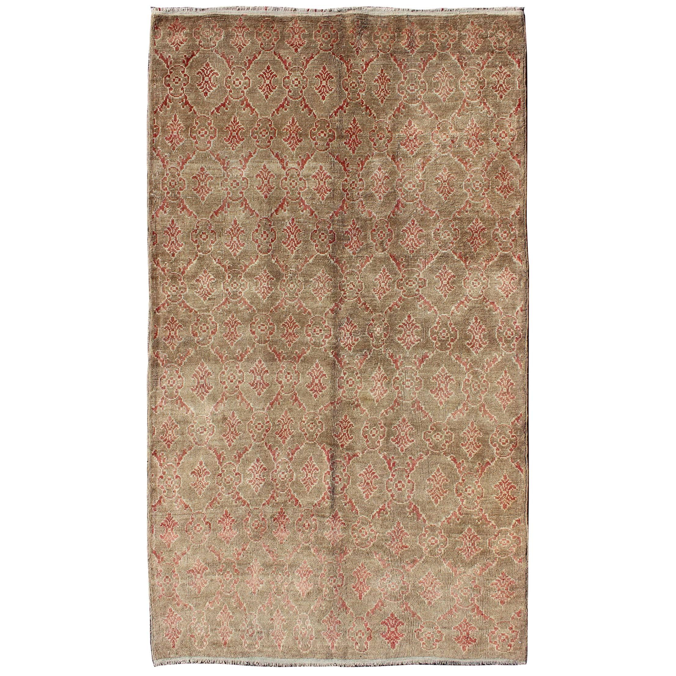 Turkish Tulu Rug with All-Over Repeating Design in Light Green, Red and Cream