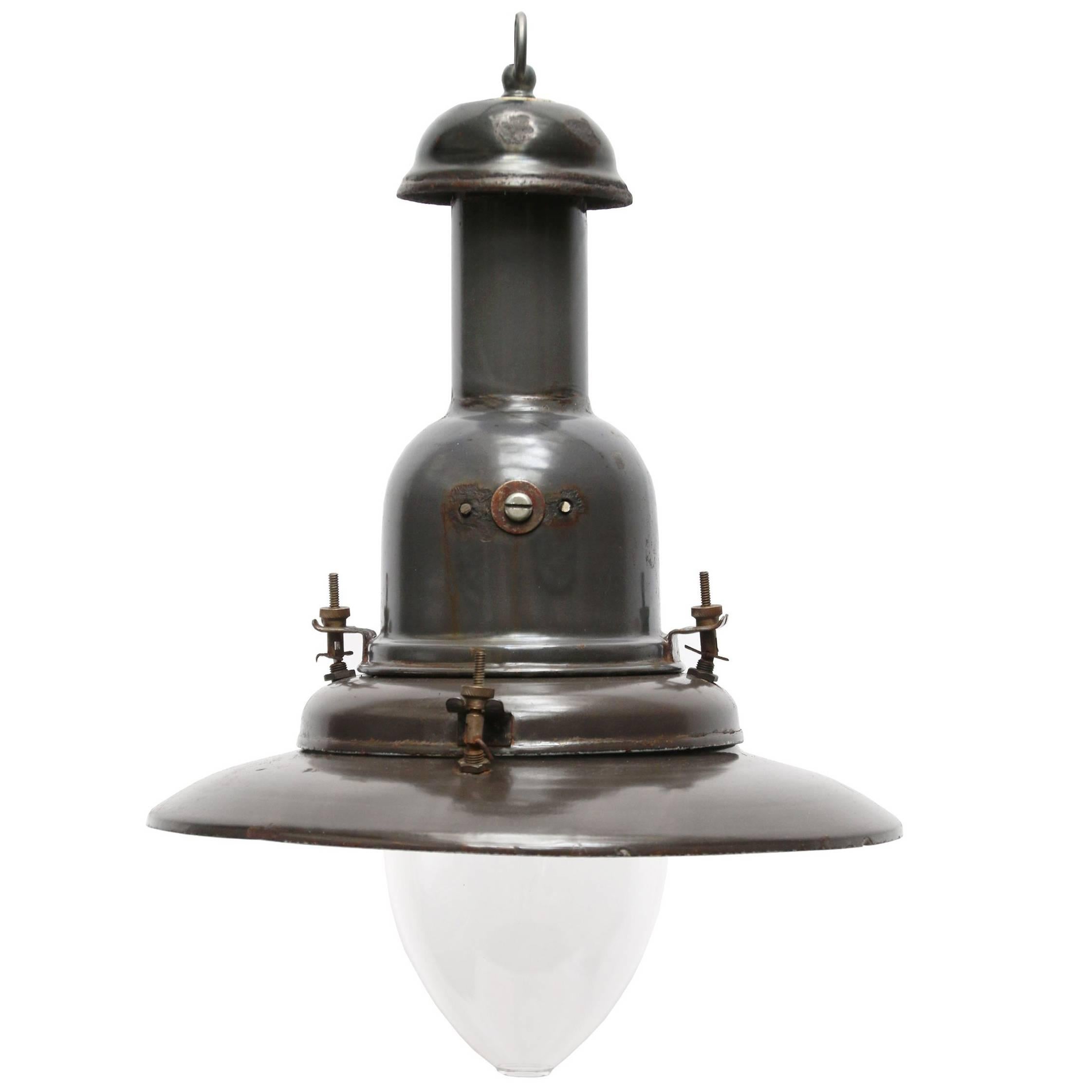 Greek Enamel Industrial Fishermans Lamp Pendant Clear Glass