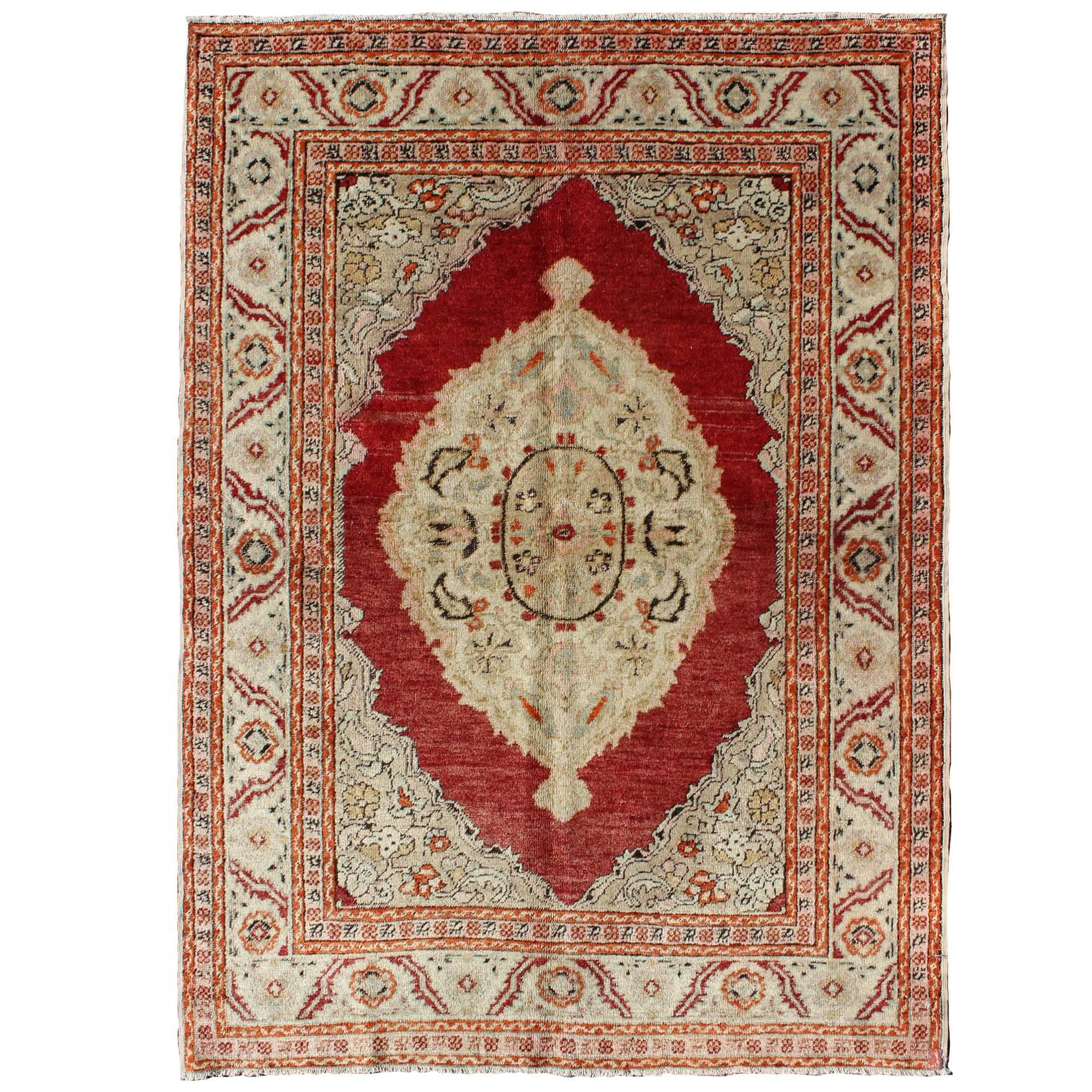 Antique Oushak Rug with Floral Medallion in Light Green, Ivory, Taupe & Red