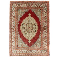 Antique Oushak Rug with Floral and Botanical Motifs in Ivory and Light Red