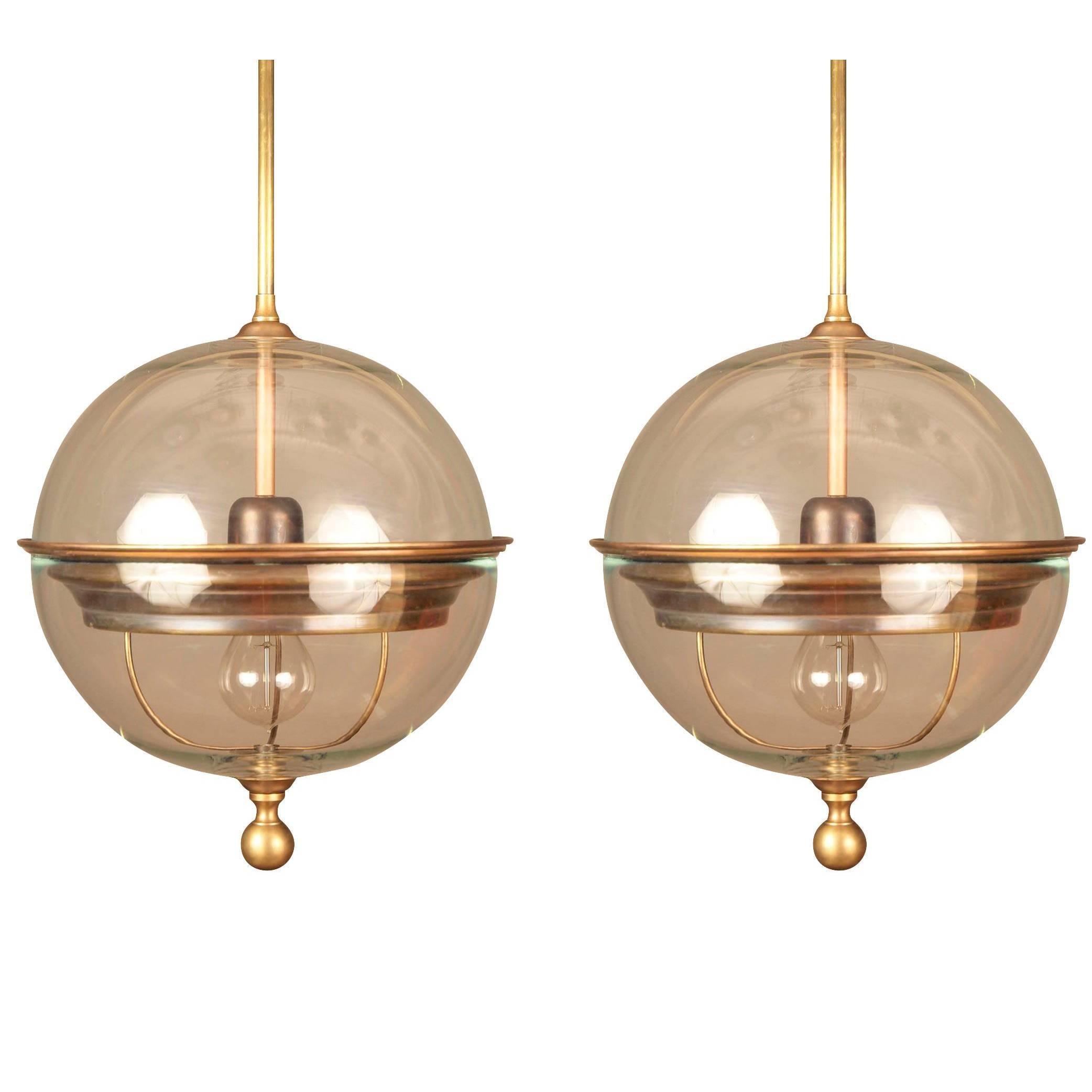 Pair of Brass Trim Glass Globe Pendant Lights, Italy, Contemporary