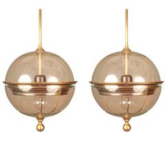 Pair of Brass Trim Glass Globe Pendant Lights, Italy, Contemporary 7