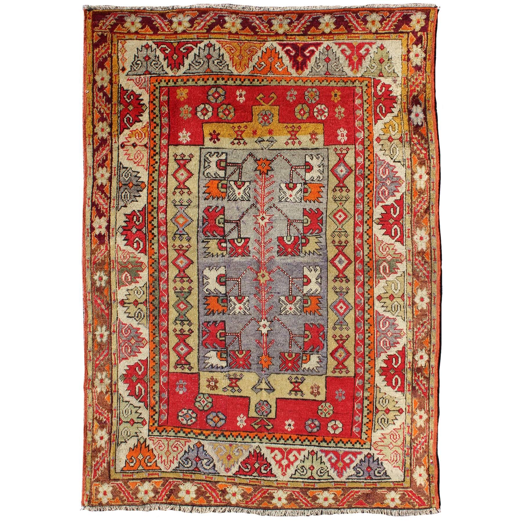    Colorful Antique Turkish Small Oushak Carpet in Multi Layered Design For Sale