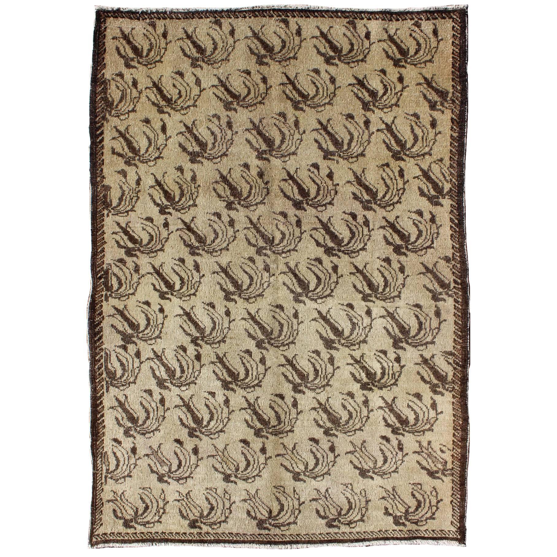 All-Over Floral Design Turkish Rug in Shades of Brown