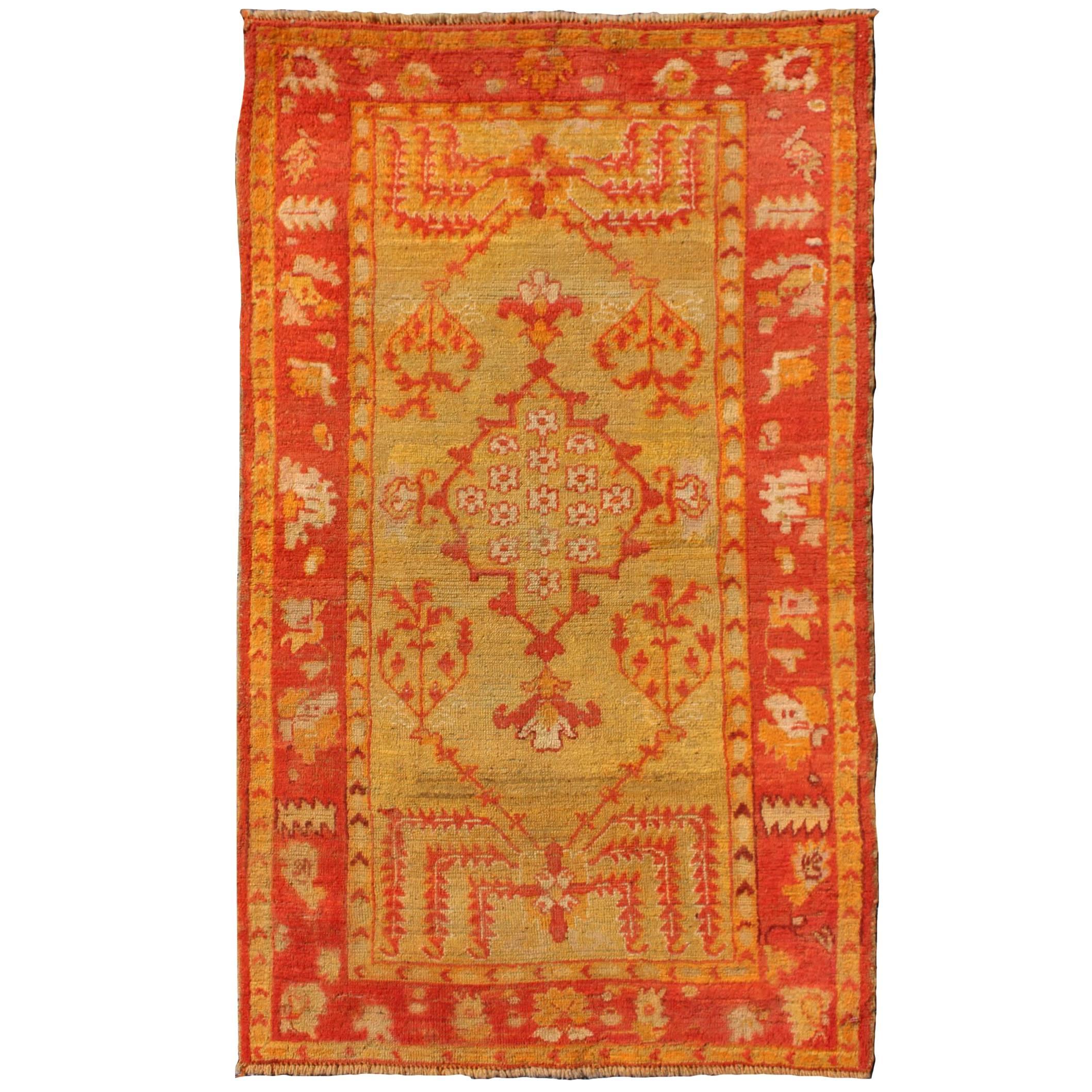 Antique Turkish Oushak Rug With Willow Trees Design in Orange Red & Yellow-Green For Sale