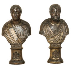 Paar italienische römische Senatorenbüsten des 19. Jahrhunderts aus Repoussé-Kupfer oder Holz