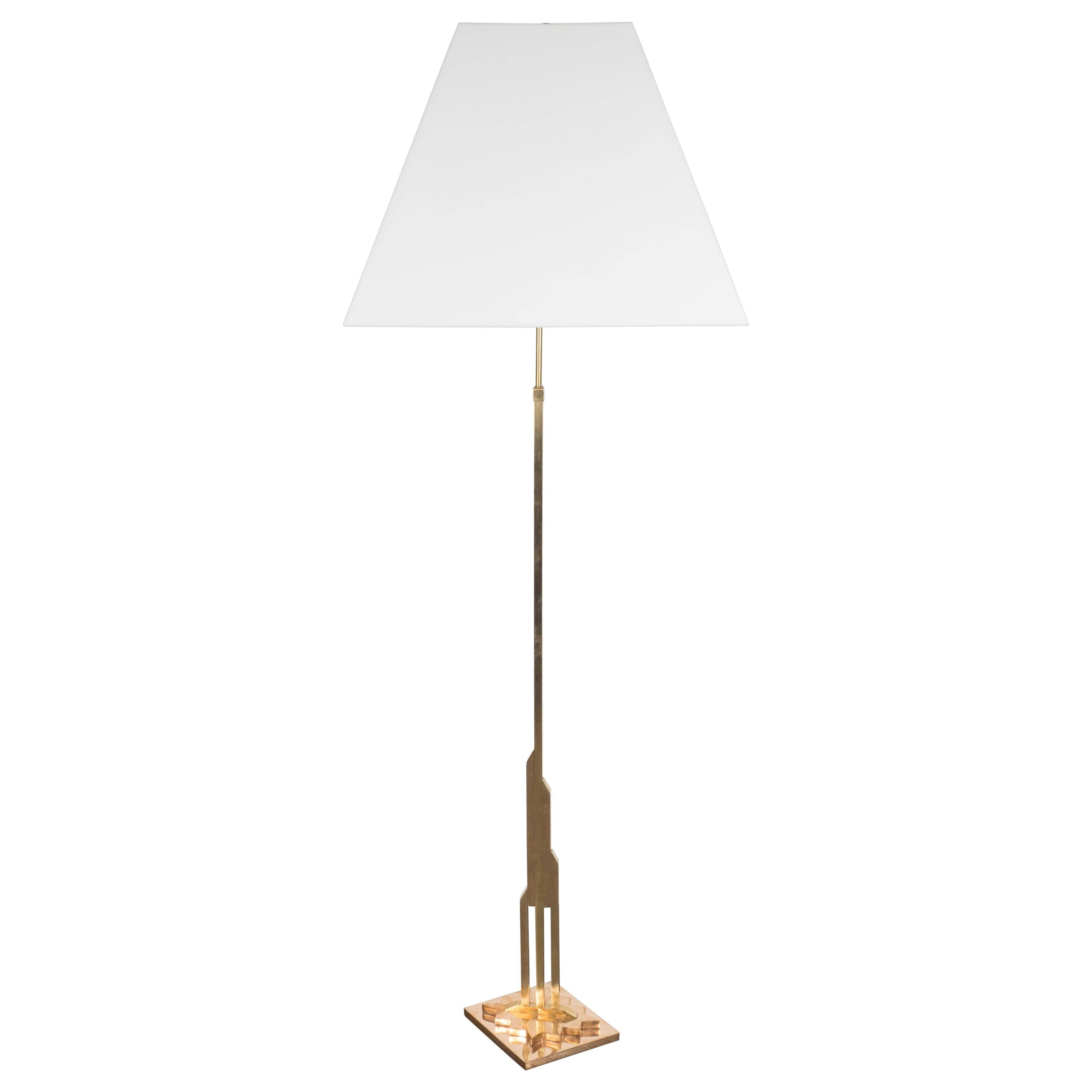 Mid-Century Modernist Floor Lamp in Polished Brass with Custom Lucite Shade