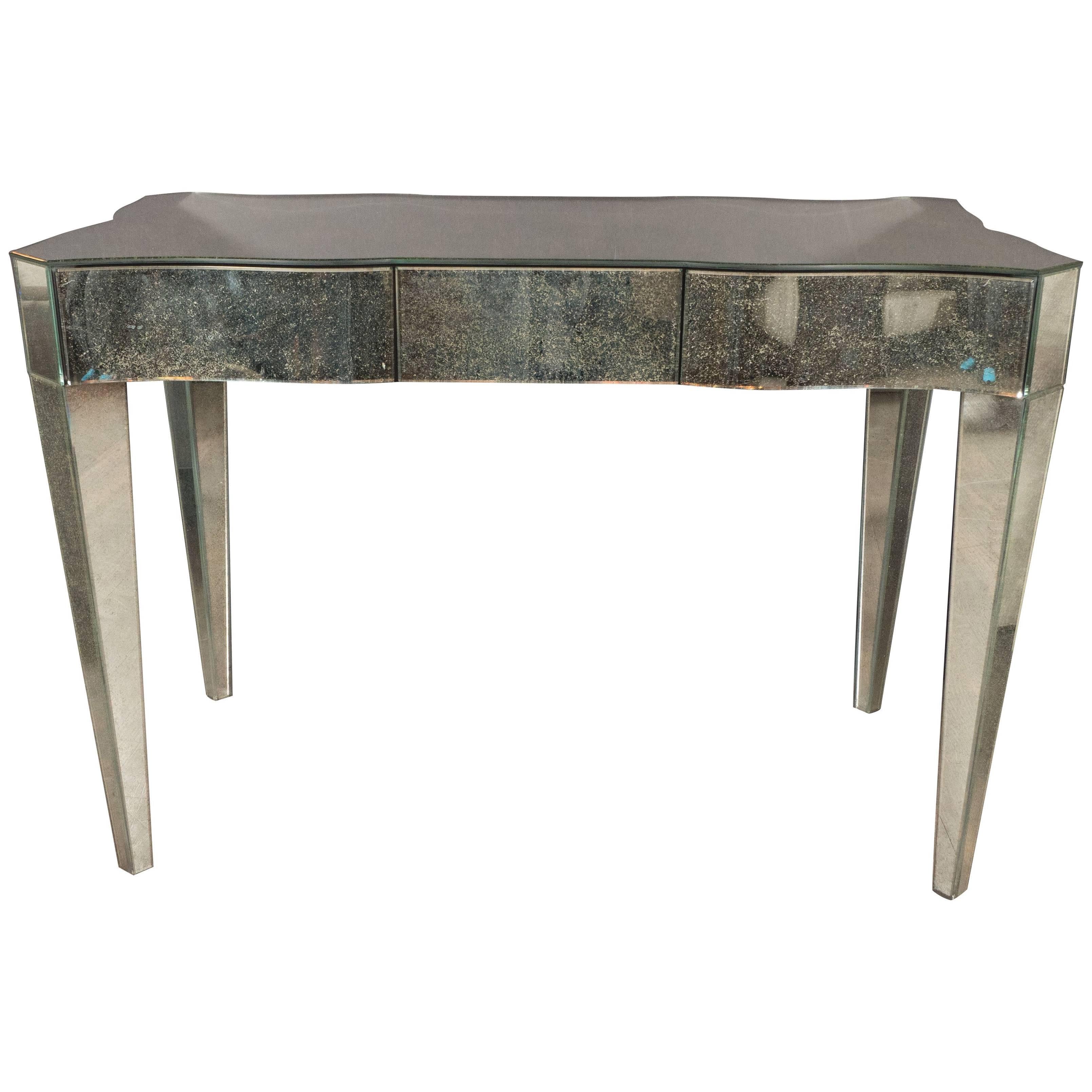 Hollywood Regency Style Mirrored Vanity or Writing Table with Antique Patina