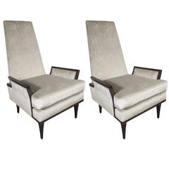 Pair of Mid-Century Highback Armchairs in Ebonized Walnut and Velvet by Karpen 8