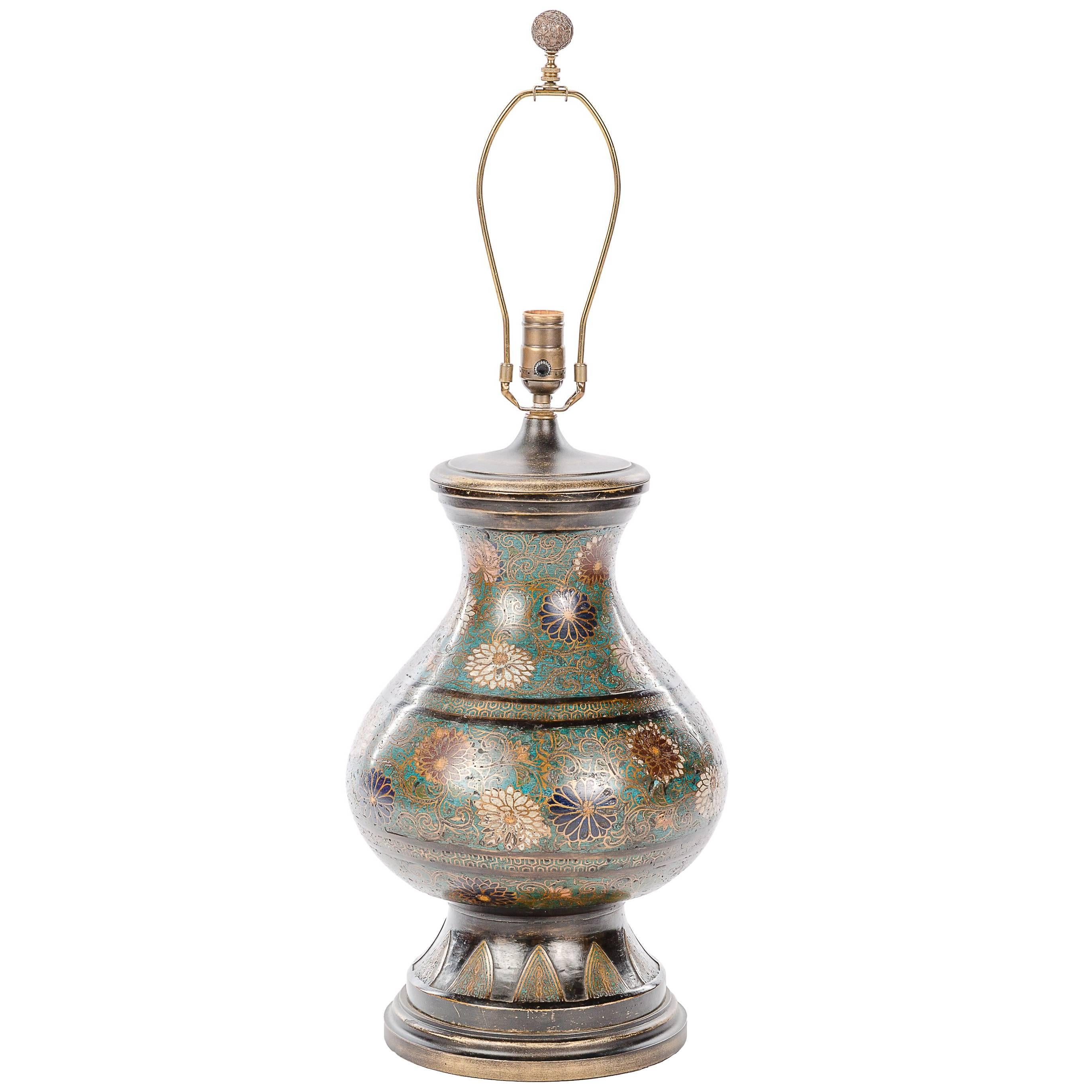 Antique Floral Cloisonne Vase Lamp For Sale