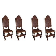 Set of Four French 19th Century Tooled Leather Louis XIII Style Wooden Chairs 5