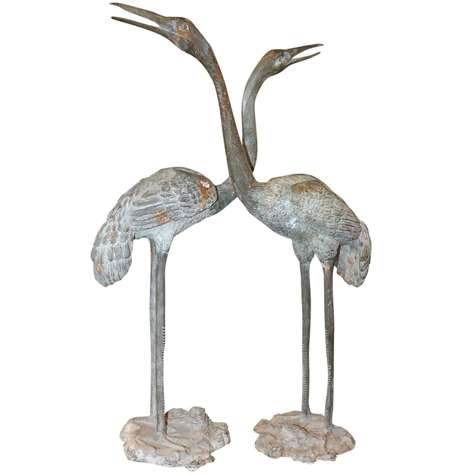A Pair of Tall Bronze Crane Sculptures from the 19th Century