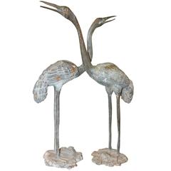 A Pair of Tall Bronze Crane Sculptures from the 19th Century