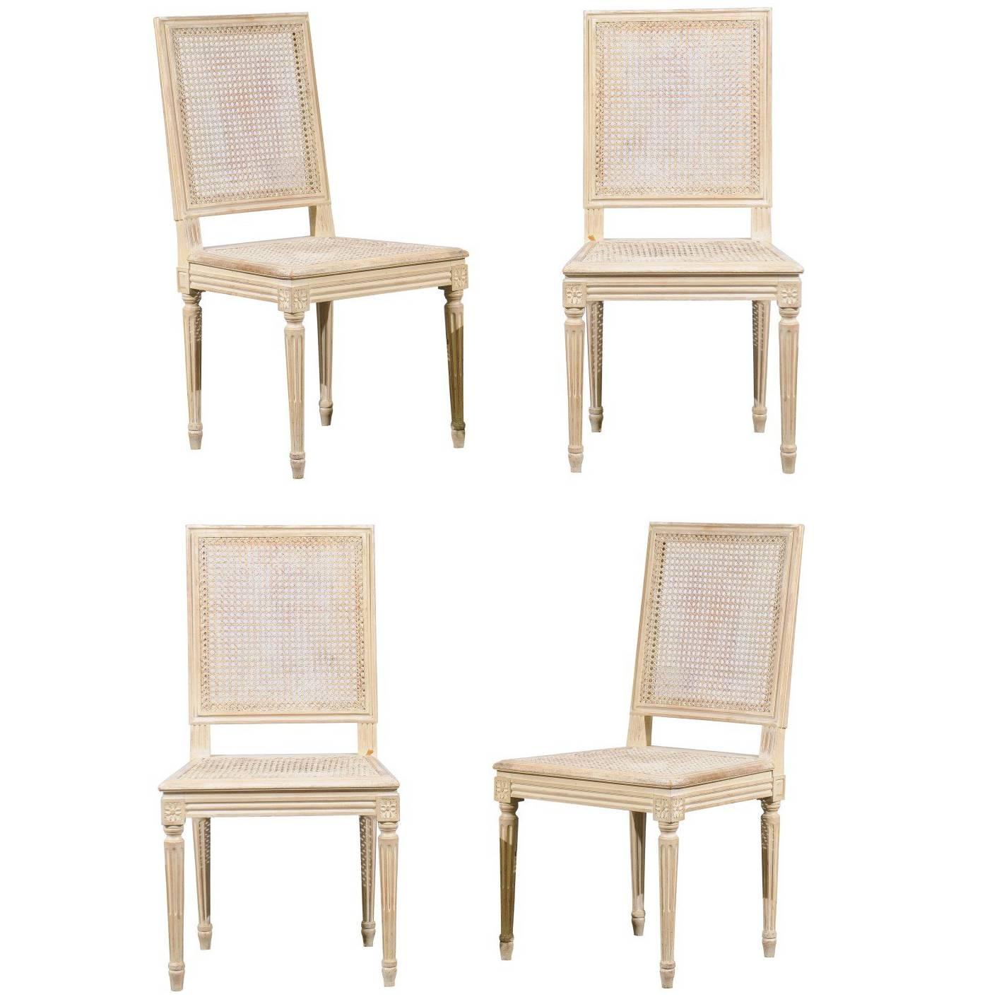 Set of Four French Louis XVI Style Painted Wood and Cane Dining Chairs, 1970s