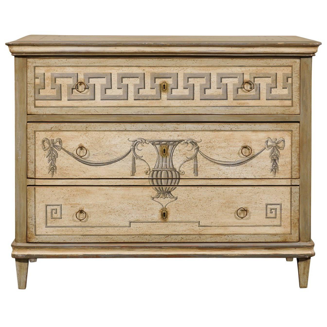 German, Mid-19th Century Neoclassical Style Painted Wood Commode with Greek Key