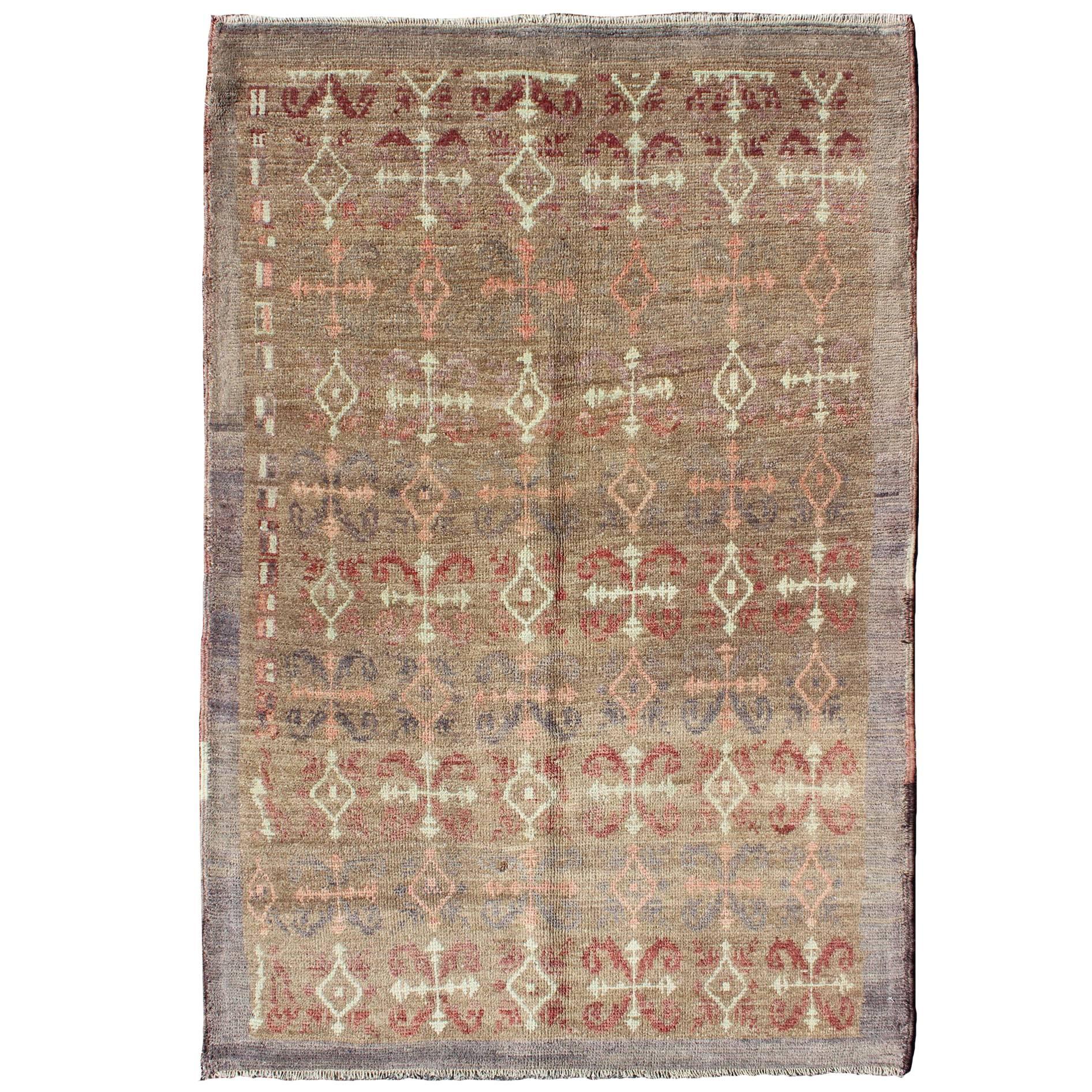 Vintage Turkish Carpet with All-Over Design Set on Light Taupe Field For Sale