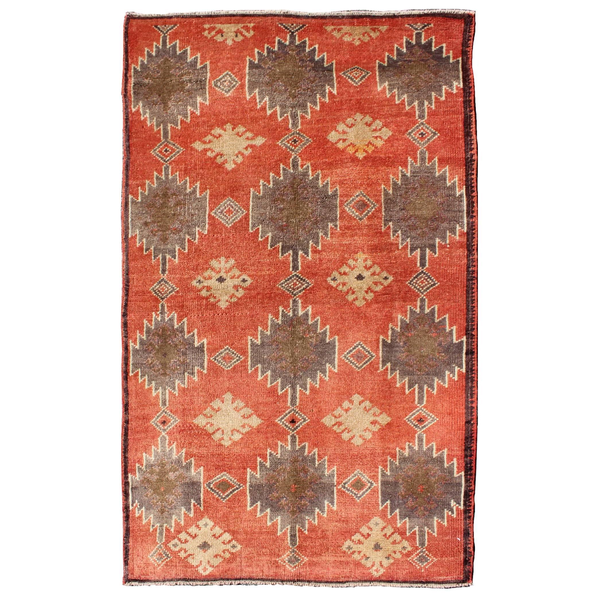 Vintage Tulu Rug with Geometric Medallions in Orange, Butter, Gray and Brown For Sale