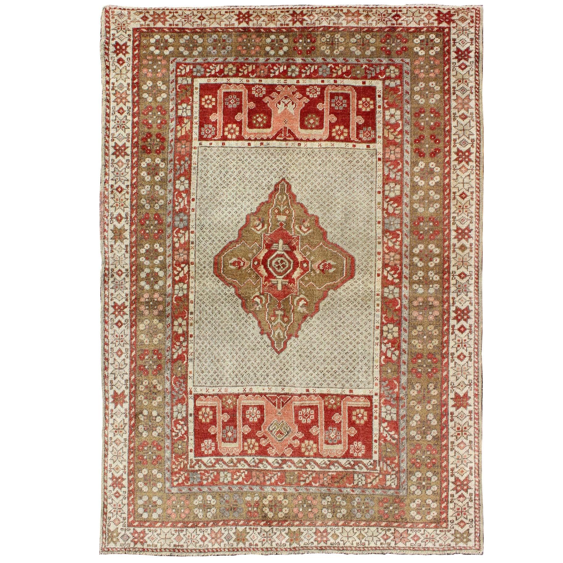  Antique Medallion Turkish Small Oushak Carpet in Various Green Tones & Red For Sale