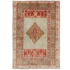  Antique Medallion Turkish Small Oushak Carpet in Various Green Tones & Red