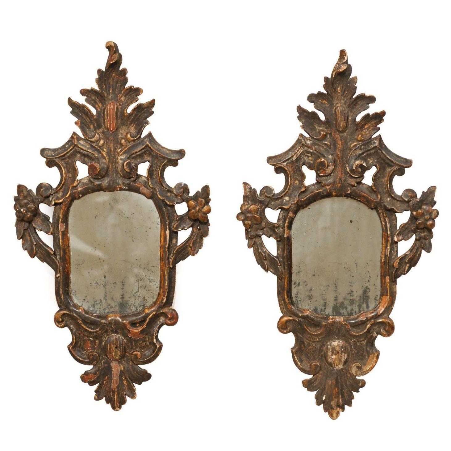 Pair of Italian 18th Century Rococo Style Antiqued Mirrors with Gilding & Patina