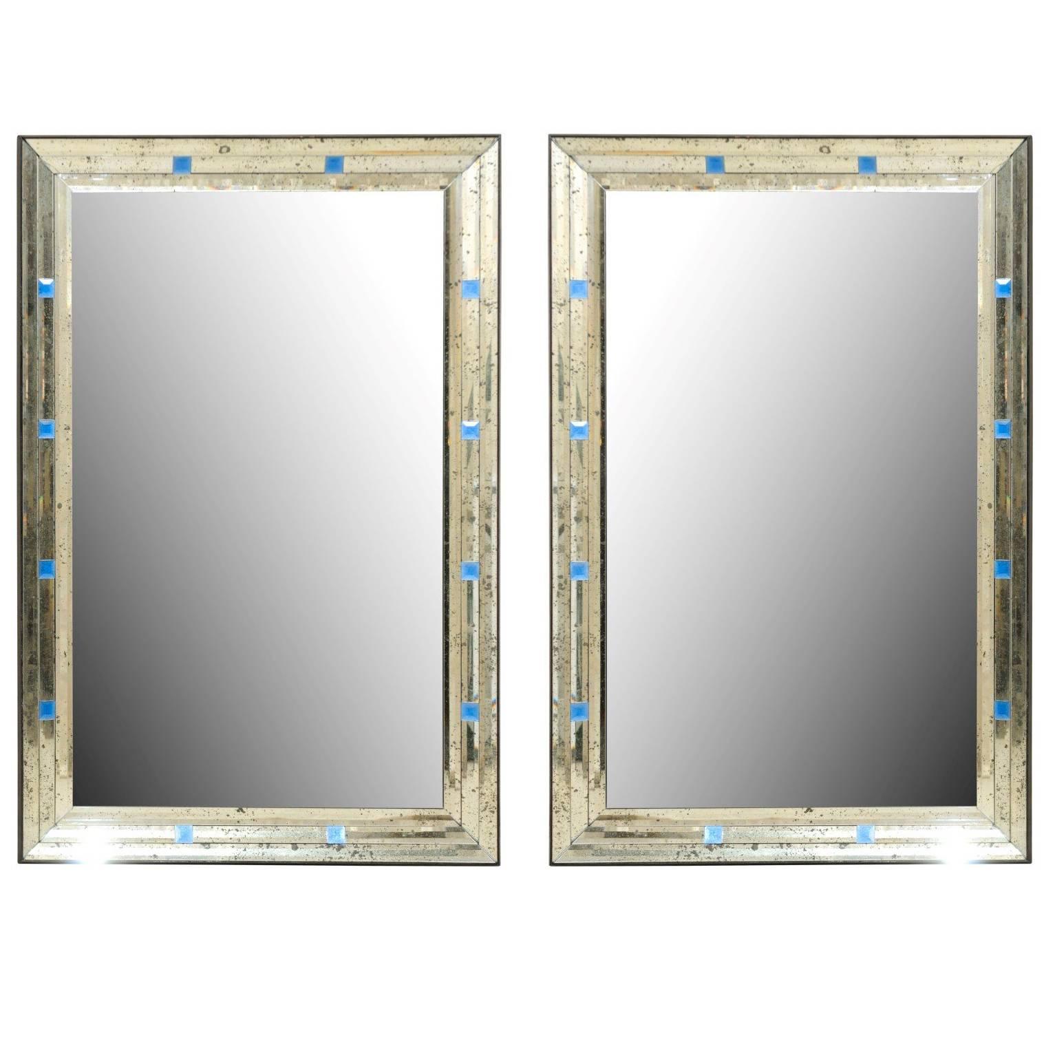 Pair of Large Mirrors with Antiqued Borders Adorned with Blue Glass Squares