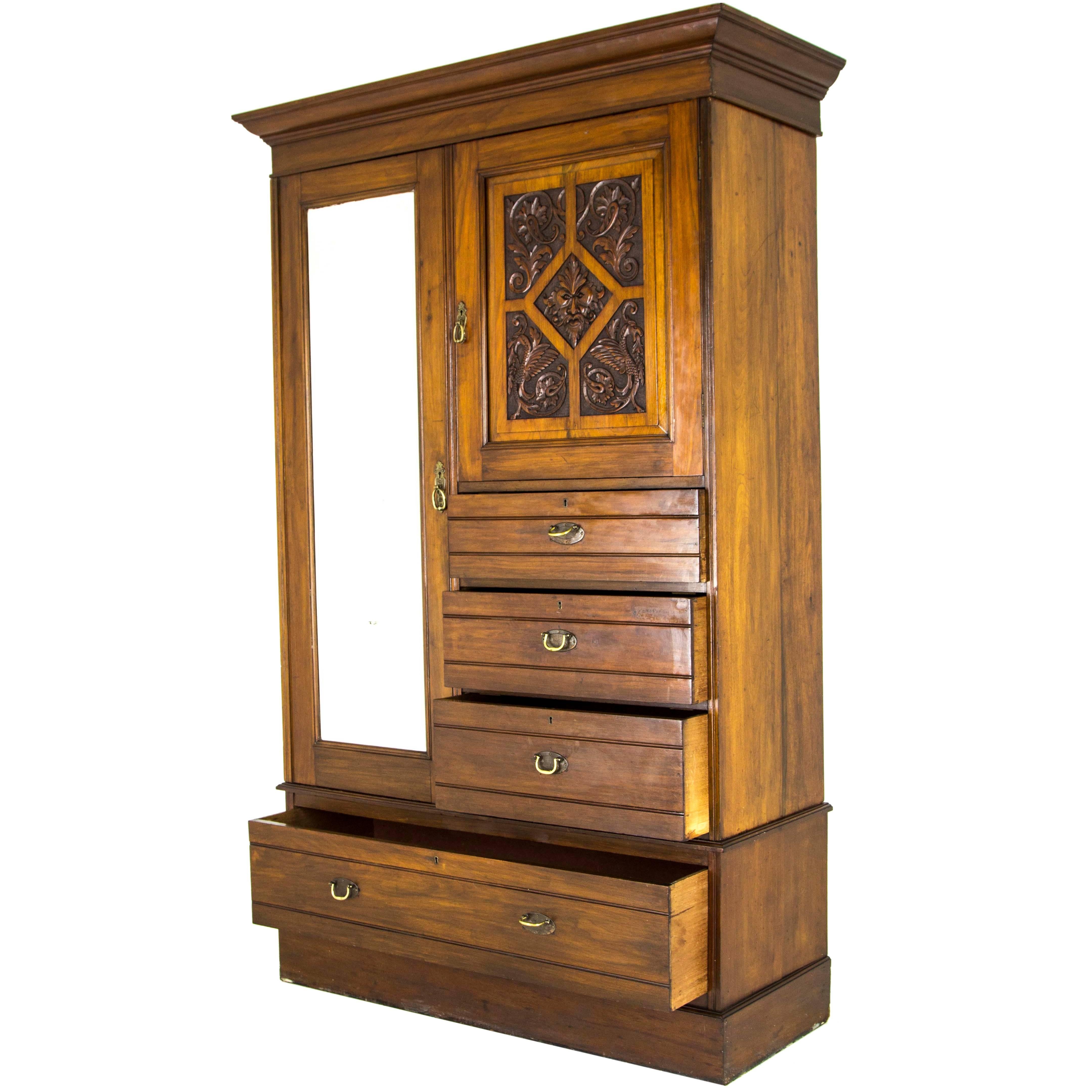 B688 Antique Victorian Mahogany Gentleman's Armoire, Wardrobe, Dresser