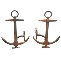 Pair of Rustic Vintage Anchor Form Andirons