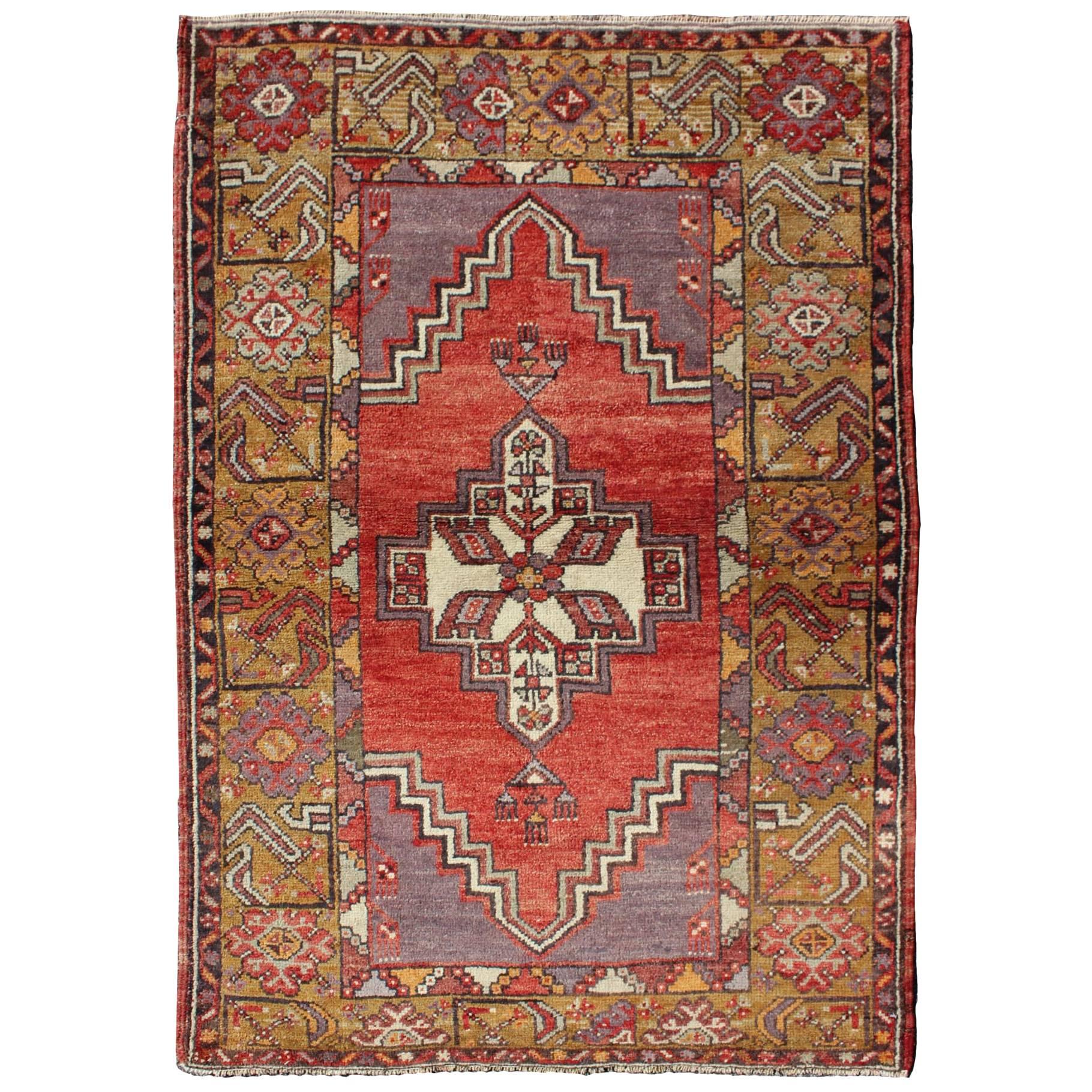 Geometric Vintage Turkish Oushak Carpet in soft Red, Light Purple, & Gold Border