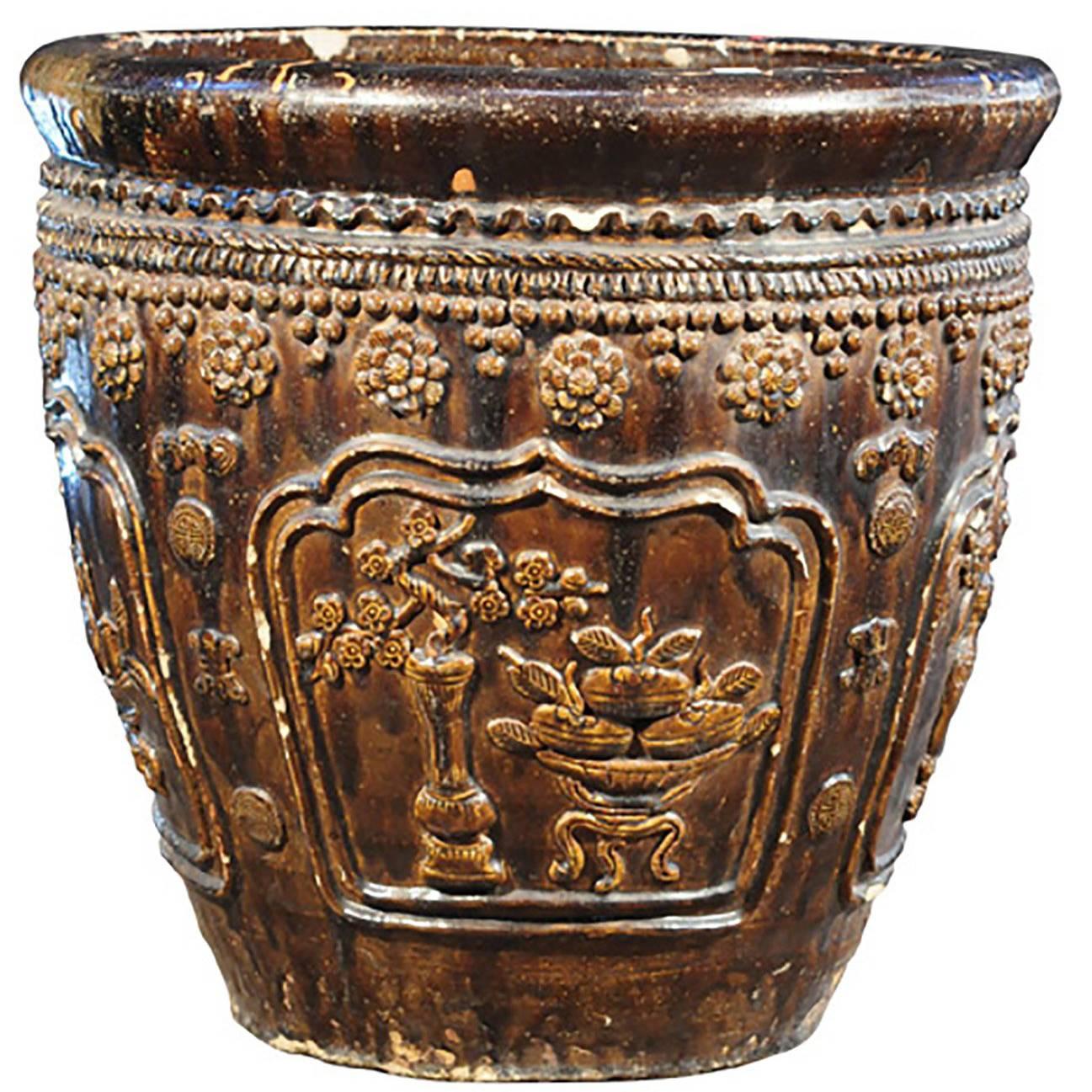20th Century Chinese Floral Relief Jar
