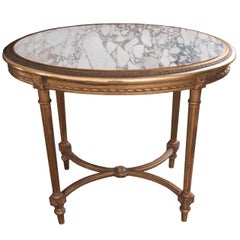 French 19th Century Louis XVI Oval Gold Gilt Table with Marble Top
