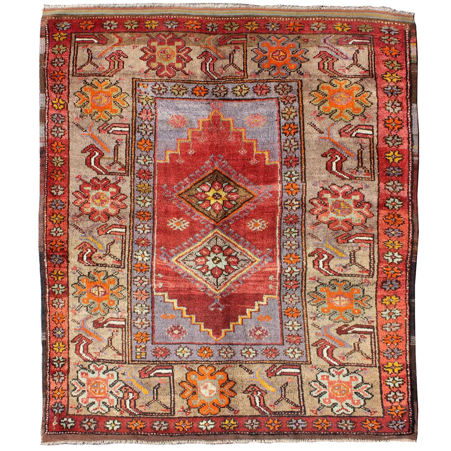 Colorful Antique Oushak Square Rug with Geometric Medallions & Floral Border For Sale