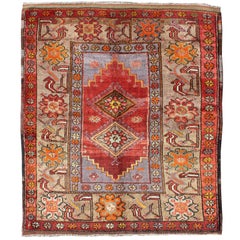 Colorful Antique Oushak Square Rug with Geometric Medallions & Floral Border
