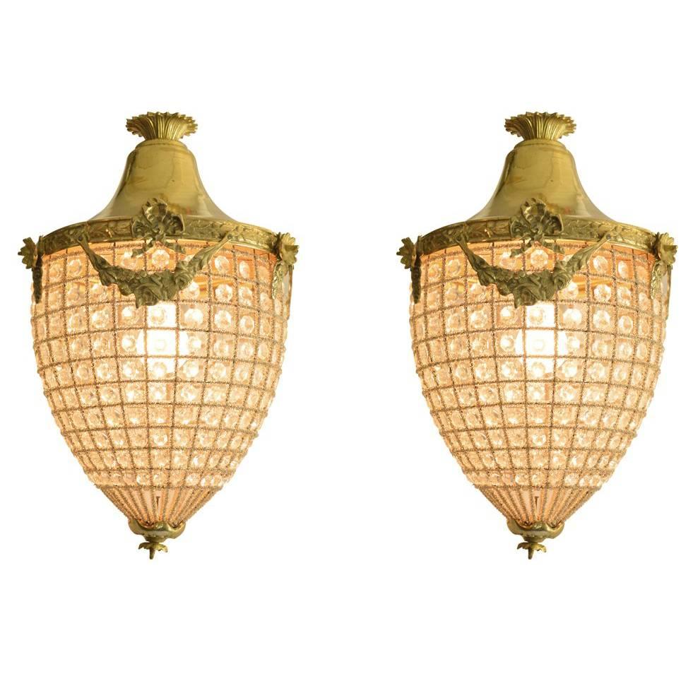 Pair of Bronze Lantern Style Chandeliers with Beaded Glass