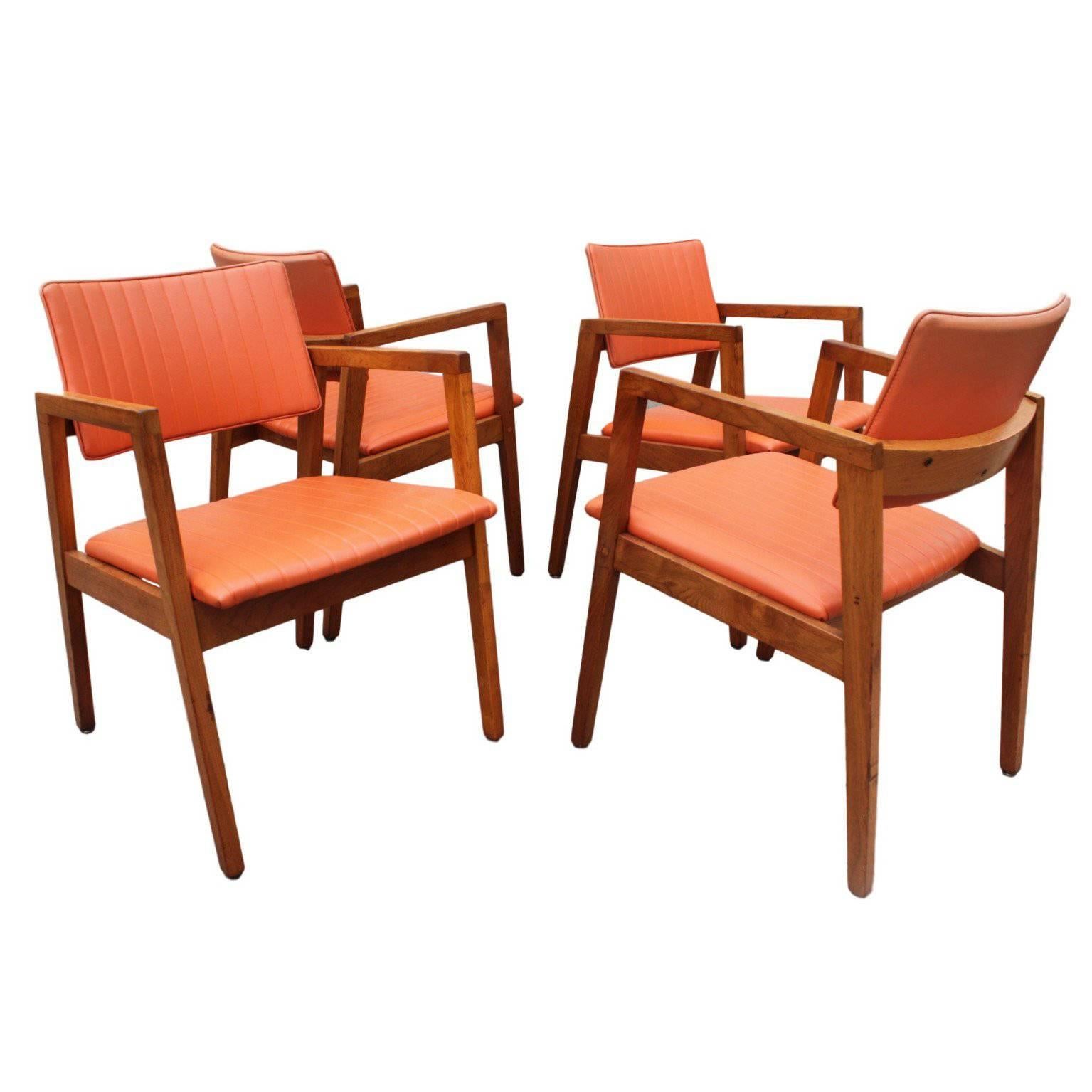 Set of Four Mid-Century Modern Vinyl & Walnut Armchairs, the Marble Furniture Co