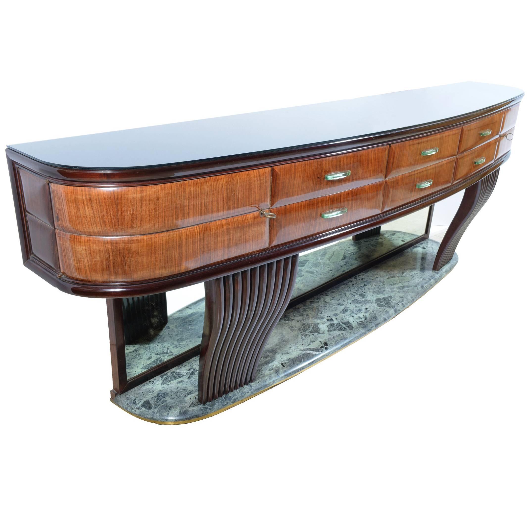 Big Mid-Century Italian Curved, Crystal Handles, Sideboard by Dassi