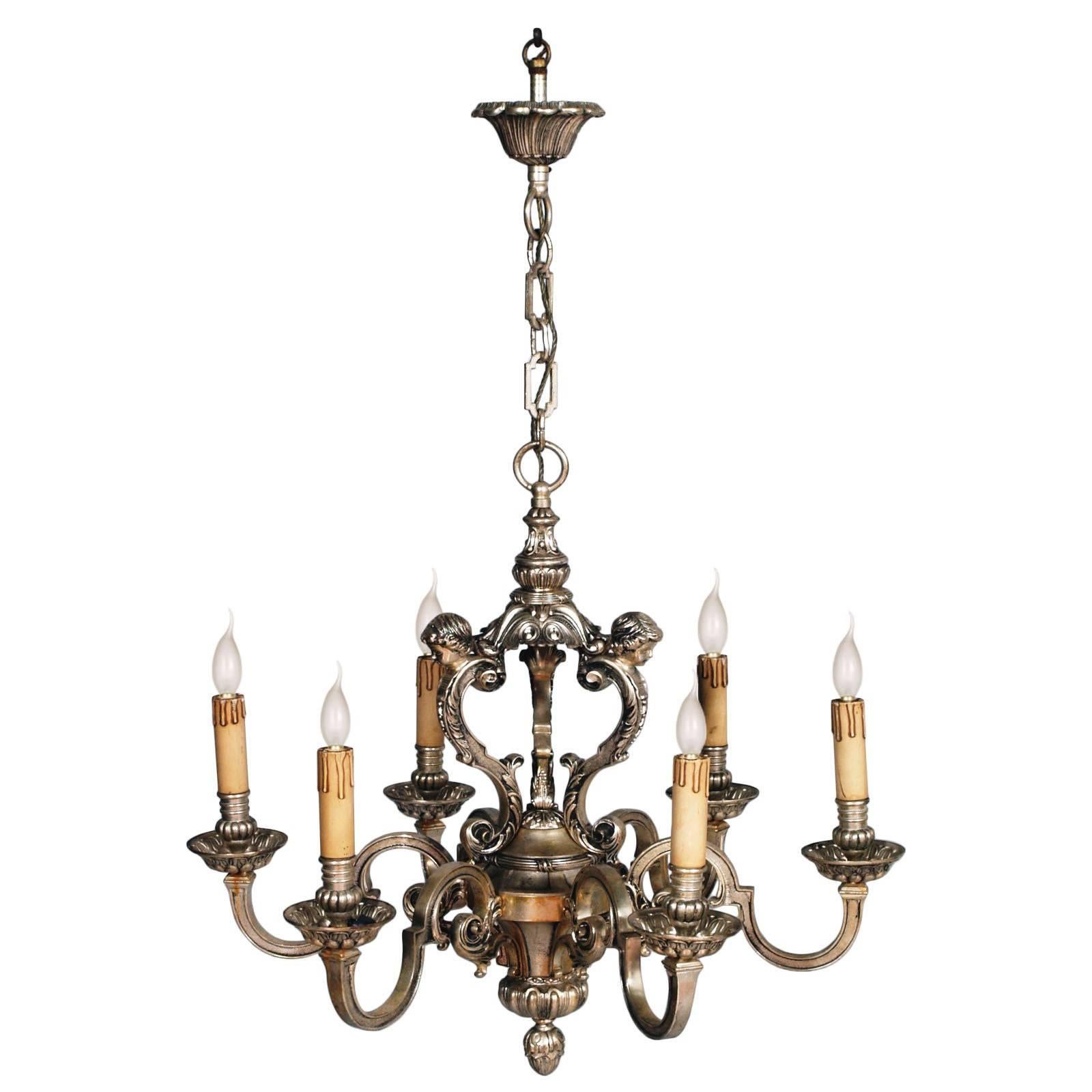 Antique Six Lights Silver Plated Heavy Bronze Chandelier Baroque Louis XIV, 1890