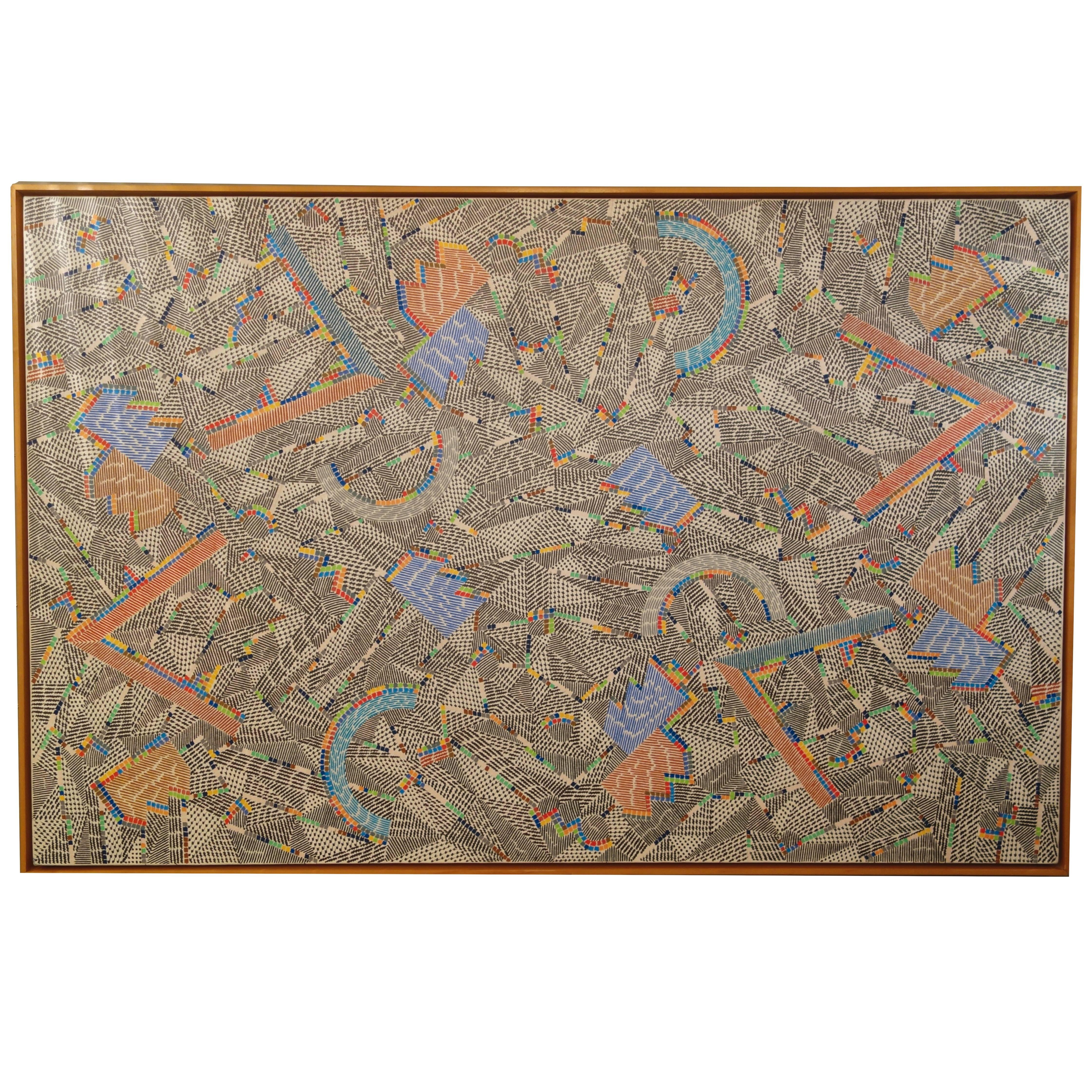 "Jericho 1979, " Graphite 69" Framed Abstract Painting on Canvas by Gordon Thorpe