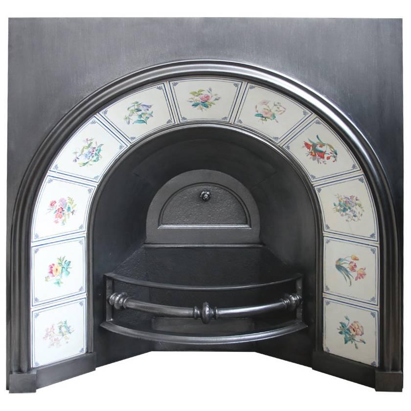 Rare Large Victorian Arched Fireplace Grate with Tiles