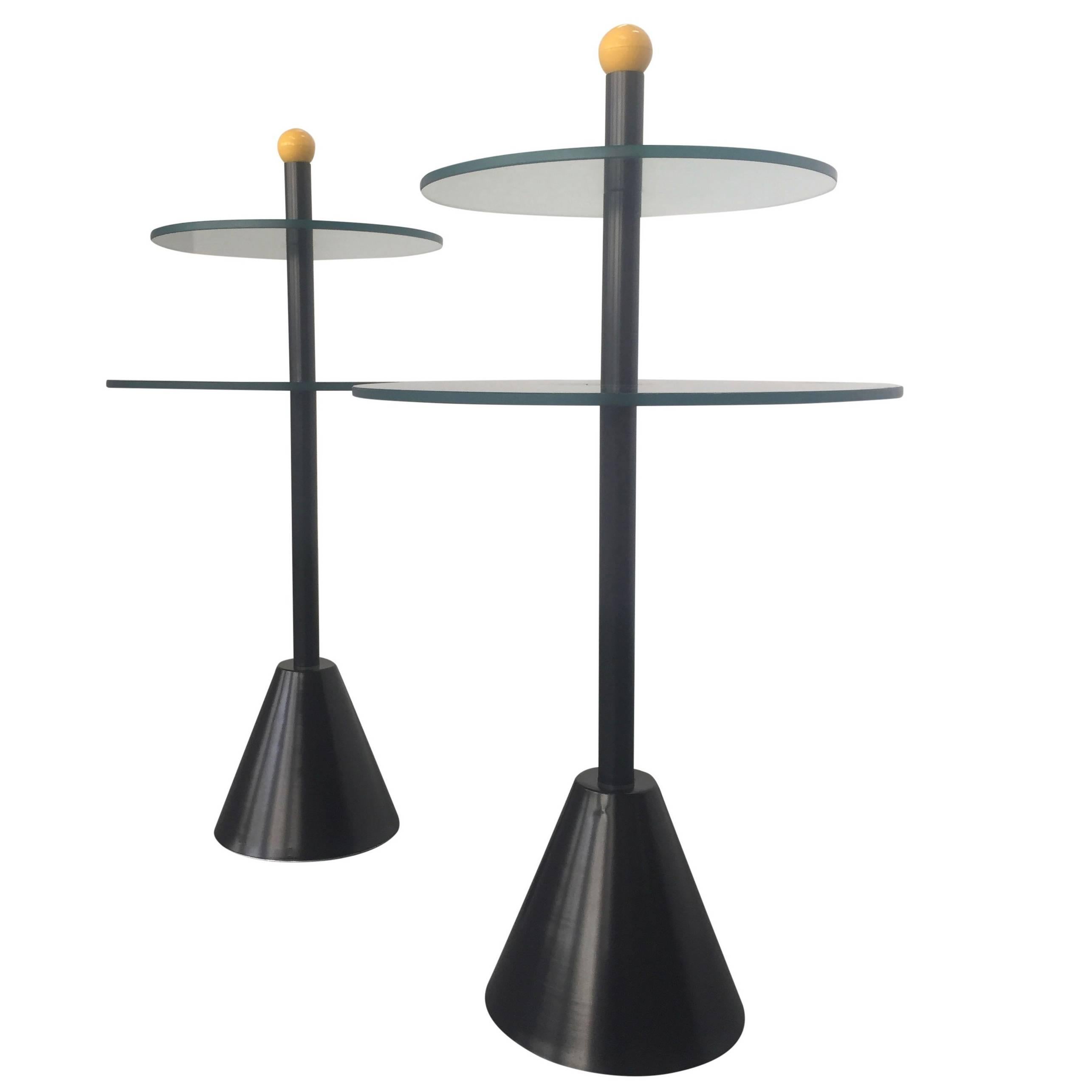 Memphis Side Tables of Glass and Enameled Steel, Sottsass, de Lucchi Style