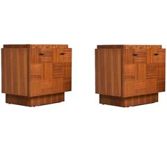 1970's Parquet Front Brutalist Style Walnut Nightstand Cabinet Commodes