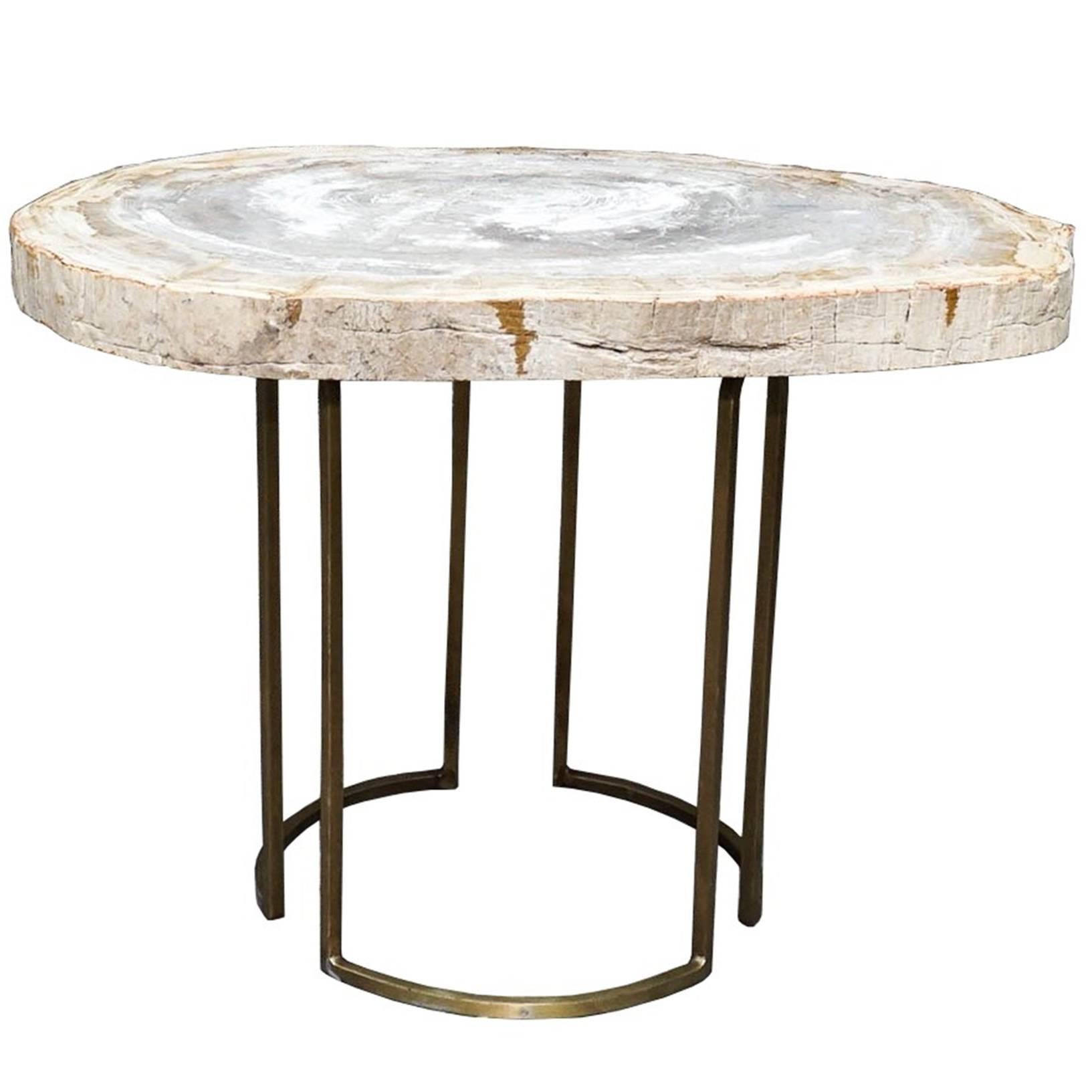 Custom Petrified Wood Slab Accent Table with Brass Base