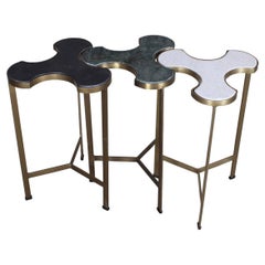 Set of Three Custom Brass and Marble Trefoil Side Tables