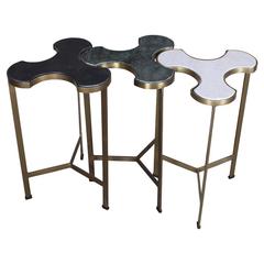 Set of Three Custom Brass and Marble Trefoil Side Tables 9