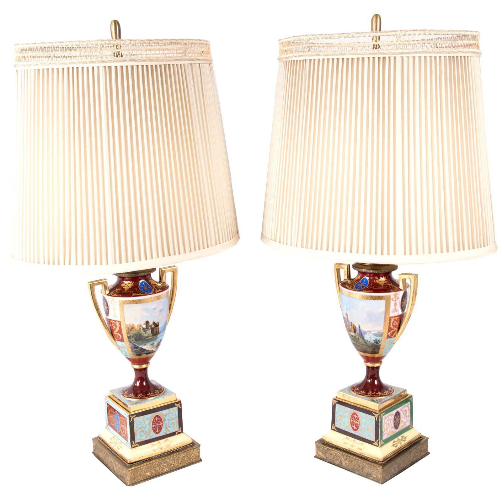 Pair of Neoclassical Royal Vienna Porcelain Urn-Shaped Table Lamps