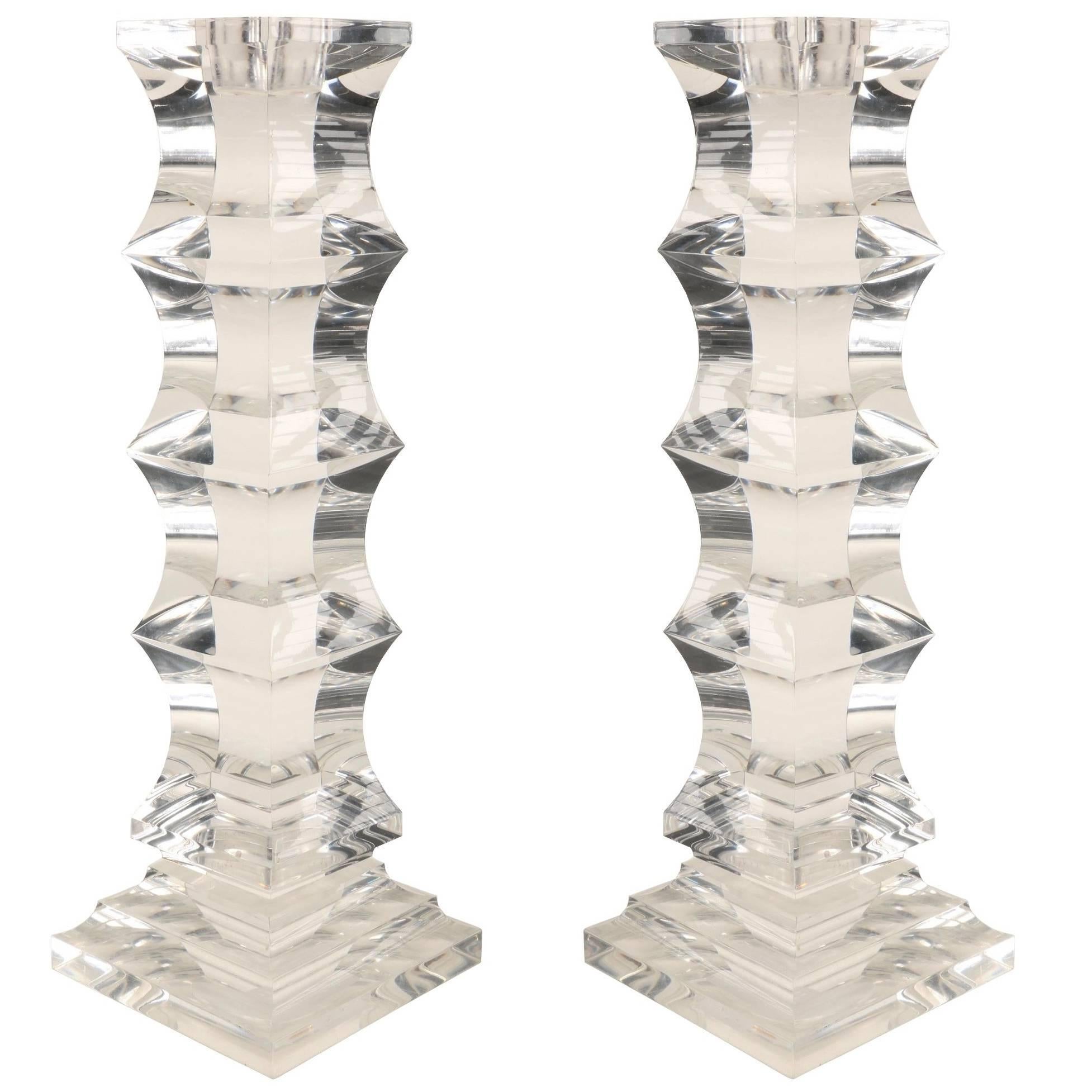 Sculptural Pair of Lucite Candleholders