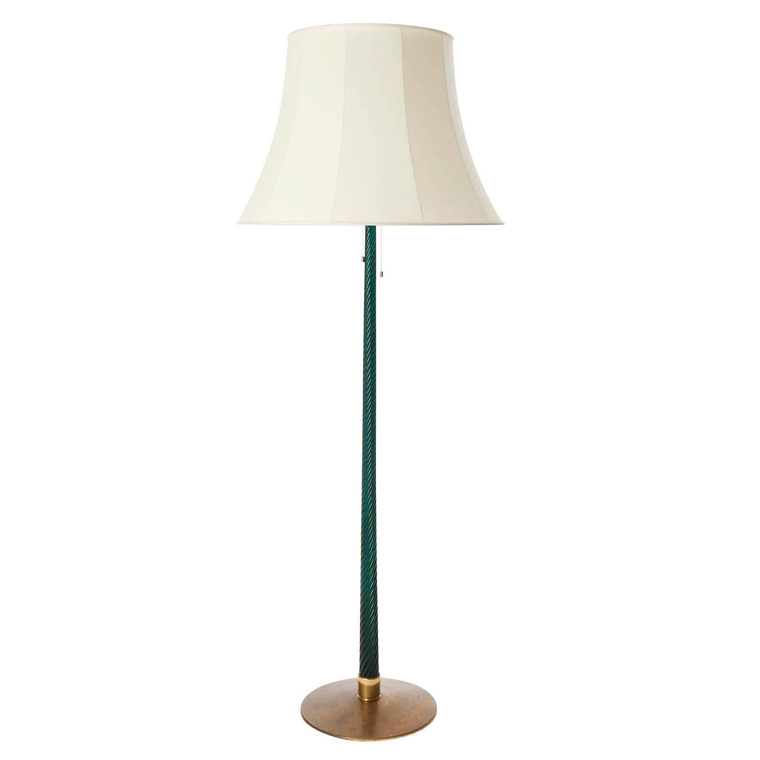 Kalmar Floor Lamp Glasschaft no. 2134, Patinated Brass Emerald Green Glass 1960s