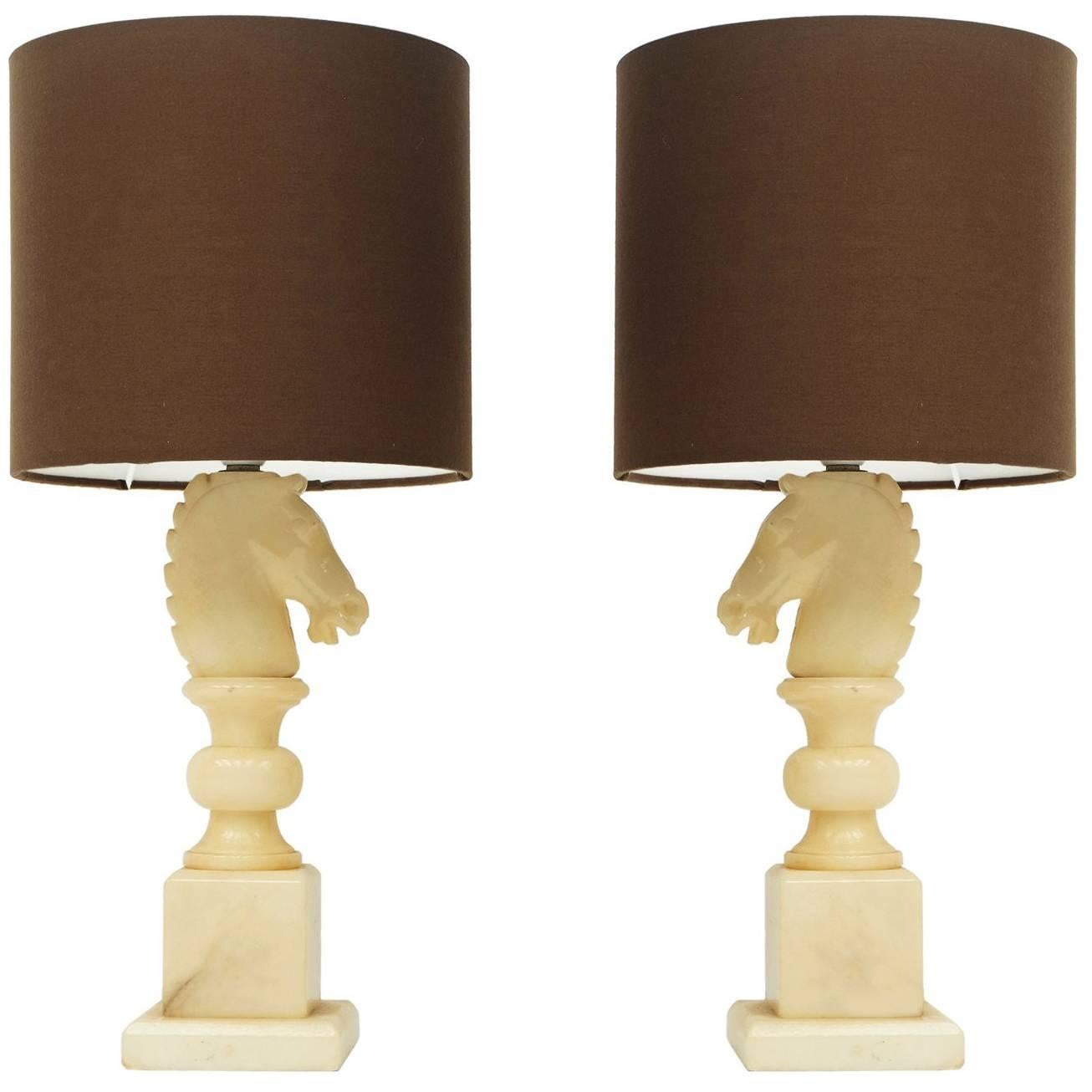 Pair of 1950s Alabaster French Horse Head Table Lamps
