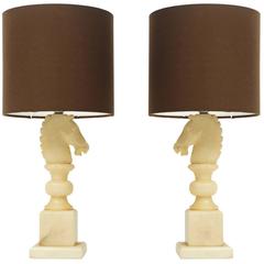 Pair of 1950s Alabaster French Horse Head Table Lamps