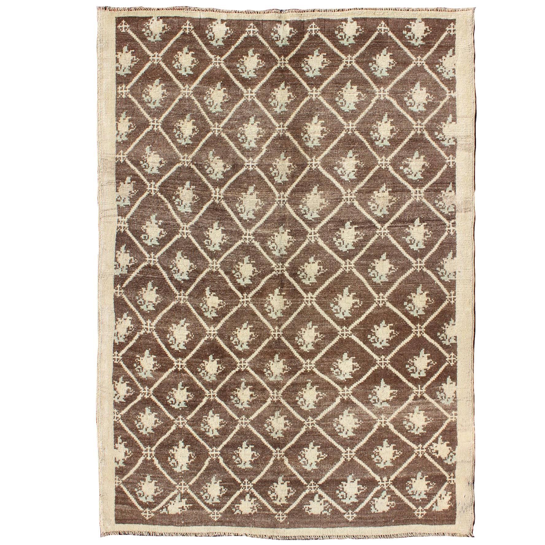 All-Over Design Turkish Tulu Carpet in Shades of Brown and Cream