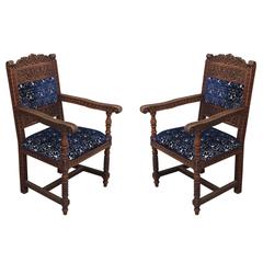 Pair of Carved Rococo Style Armchairs in Deep Blue Velvet Fabric